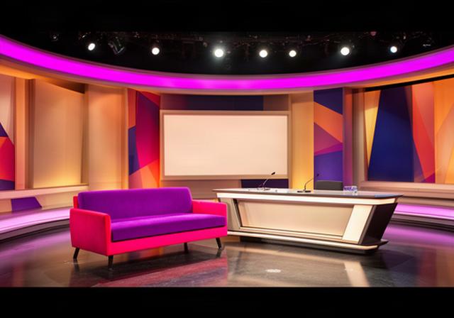 Late Night talkshow met gasten op een felgekleurde bank